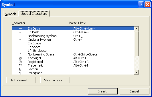 microsoft word keyboard shortcuts en dash
