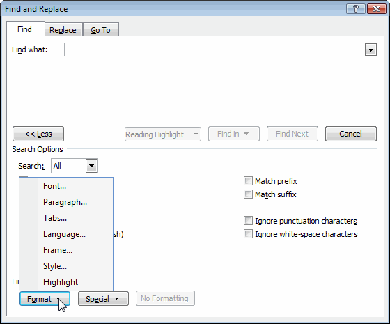 find and replace dlg - find tab - more - format