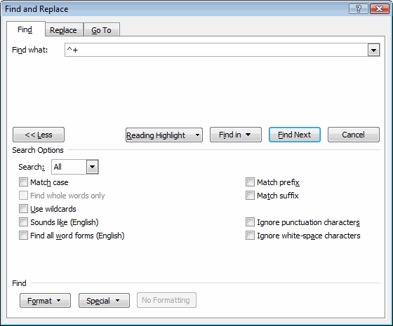 find and replace dlg - find tab - emdash