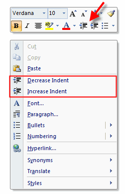 indent shortcut menu and toolbar